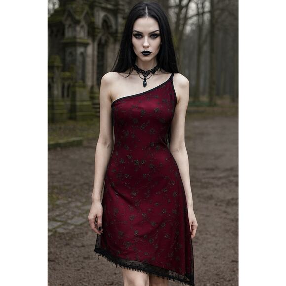 CANDY ROCKET Whimsical Gothic One Shoulder Dress Beaded Black Red Sparkly Lace M - Picture 1 of 12